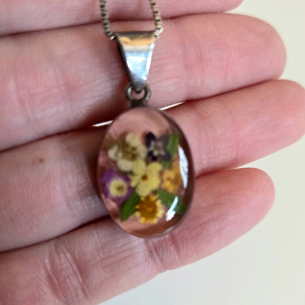 Sterling Silver 925 Mexico Pressed Flowers Pendant Botanical Floral Oval Pendant - Picture 2 of 8